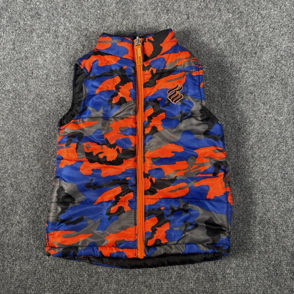 Vintage Rocawear Boys Puffer Vest 2T Orange Blue Camouflage Camo Zip Jacket